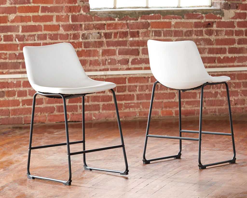 Upholstered barstool with white seat and black metal frame, side-by-side