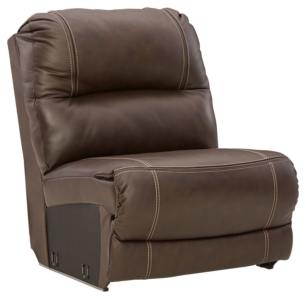Chocolate brown armless chair with tufted back, padded seat, and contrast stitching