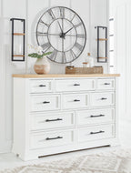 White dresser with black bar handles and natural wood top, front-facing drawers.