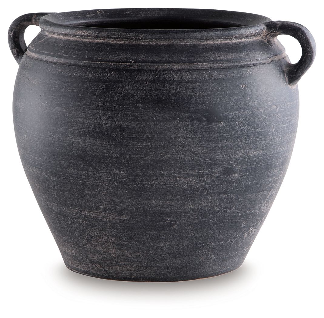 Meadie 9-inch vase, dark blue ceramic with side handles and horizontal banding