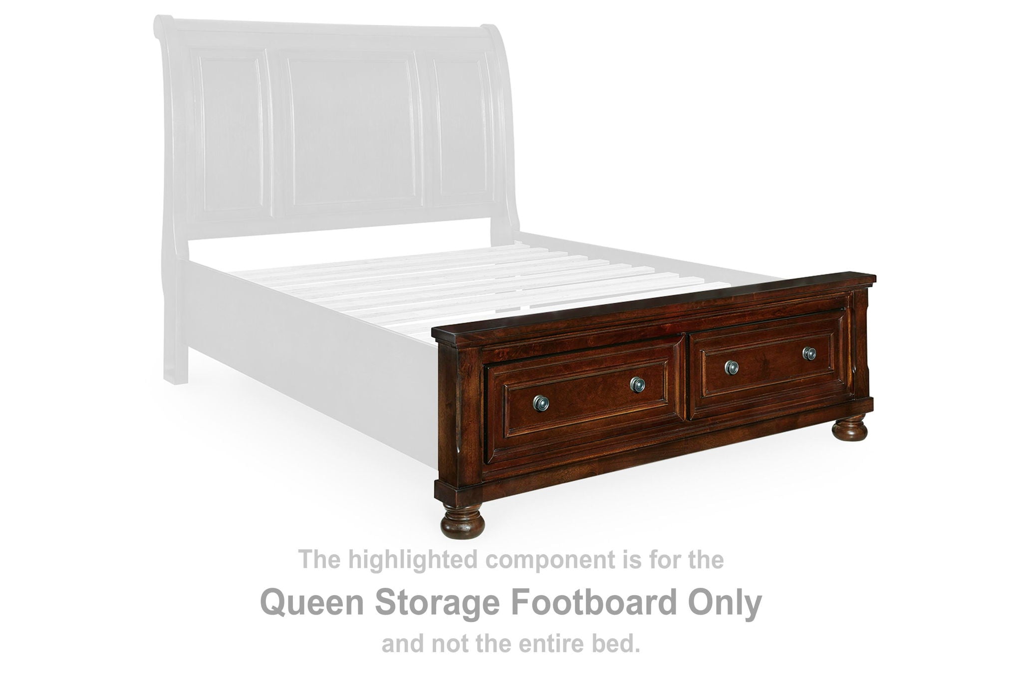 Rustic brown wood queen storage footboard with two drawers and metal pulls