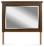 Medium brown wooden bedroom mirror with wide rectangular frame and clear glass