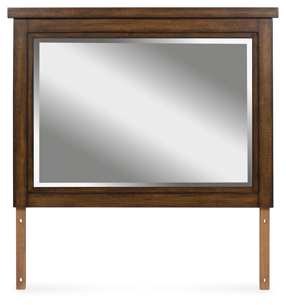 Medium brown wooden bedroom mirror with wide rectangular frame and clear glass