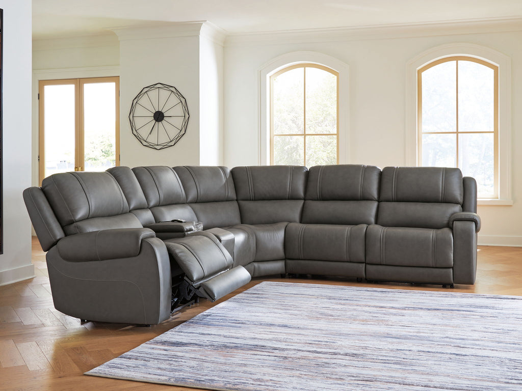 Charcoal power reclining sectional with chaise-style seat, segmented cushions, and padded arms