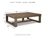 Gray rectangular cocktail table with open under-shelf and cross brace legs