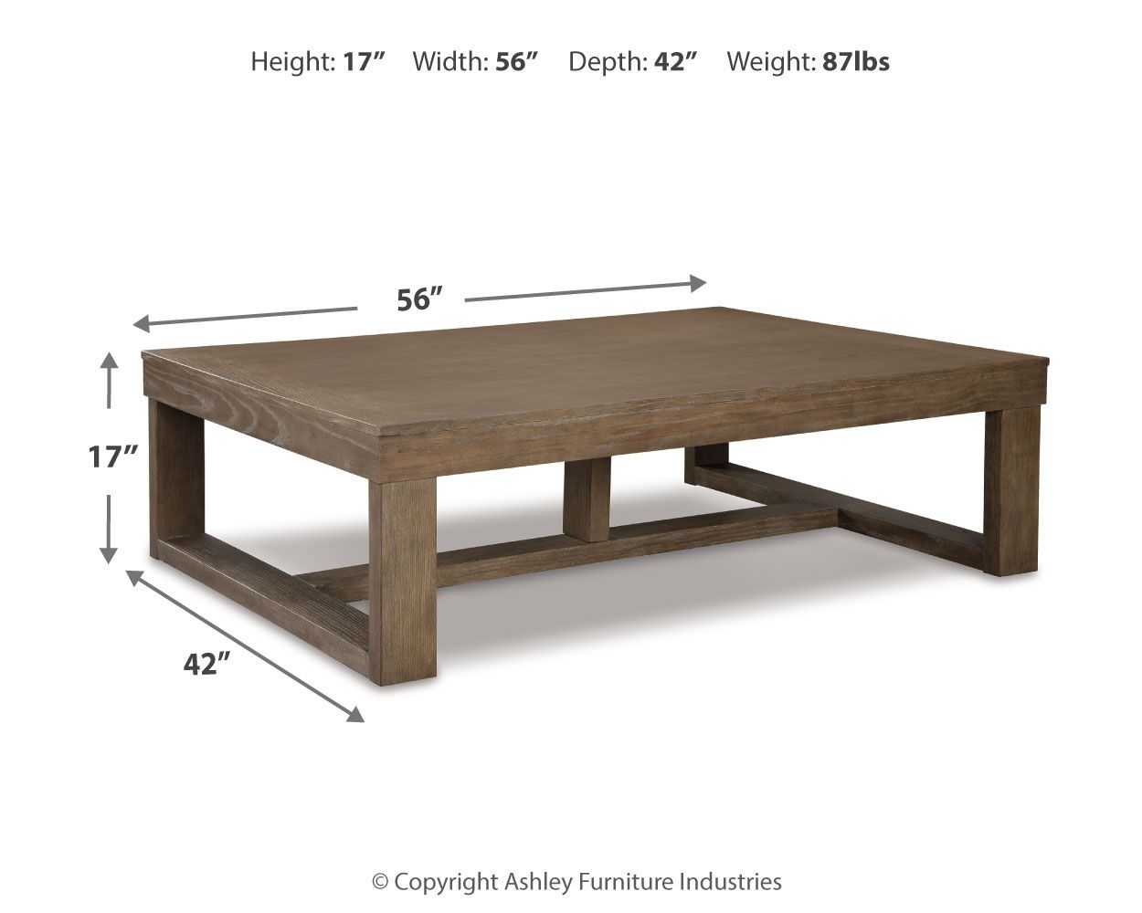 Gray rectangular cocktail table with open under-shelf and cross brace legs