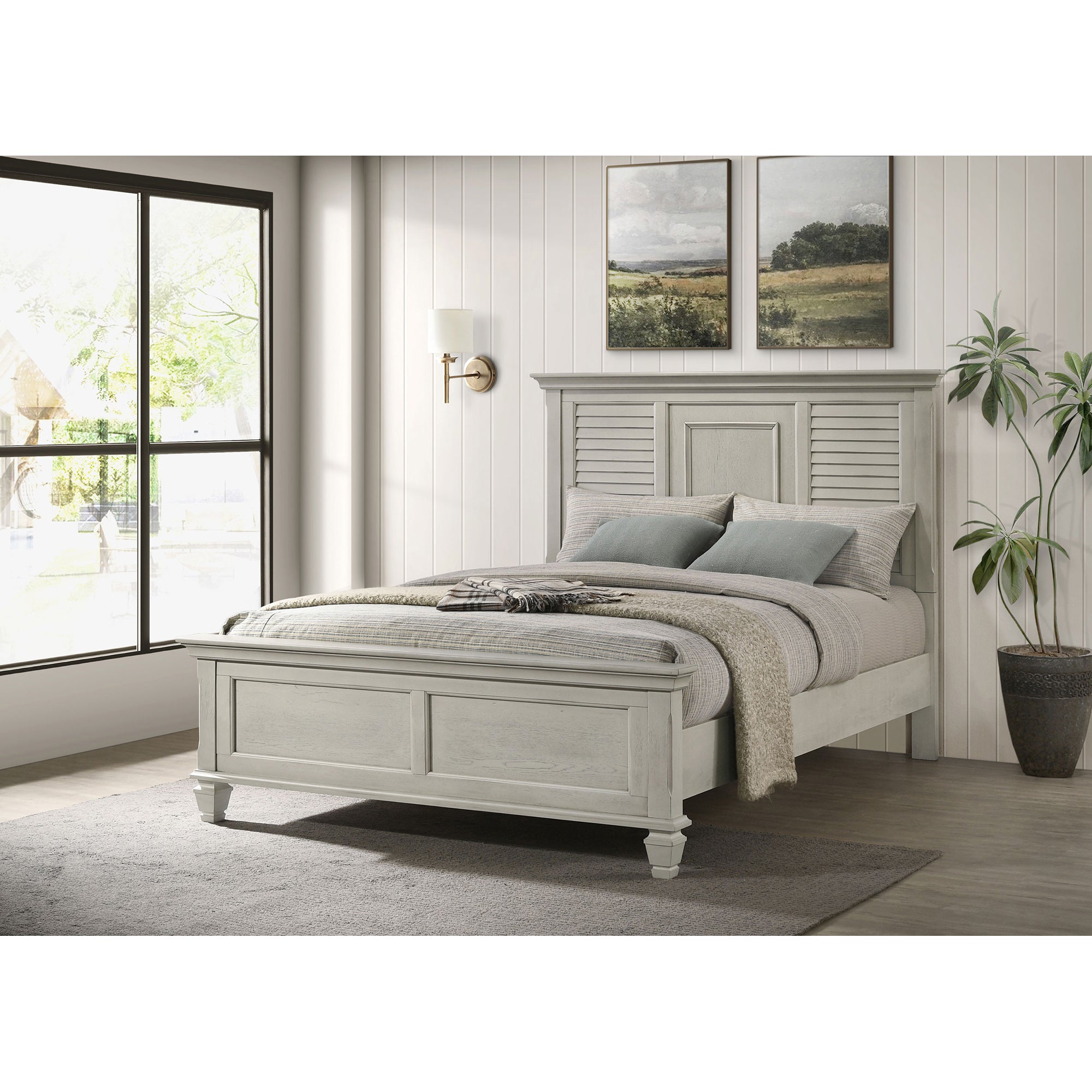 Hazelwood Distressed White Queen Panel Bed - Rustic Farmhouse for Bedroom