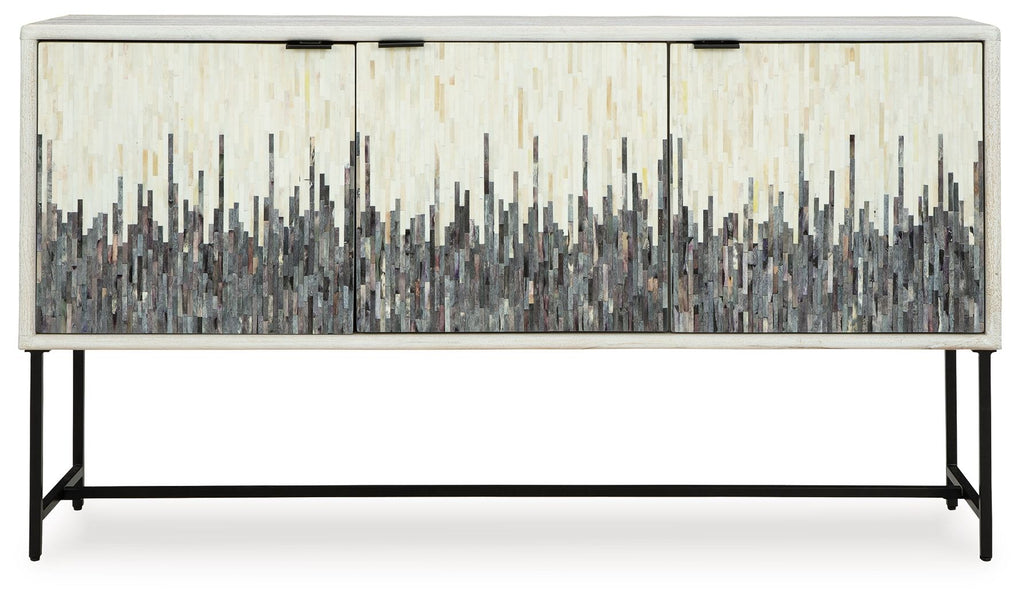 White accent cabinet with three panel doors and gray vertical line stripe design
