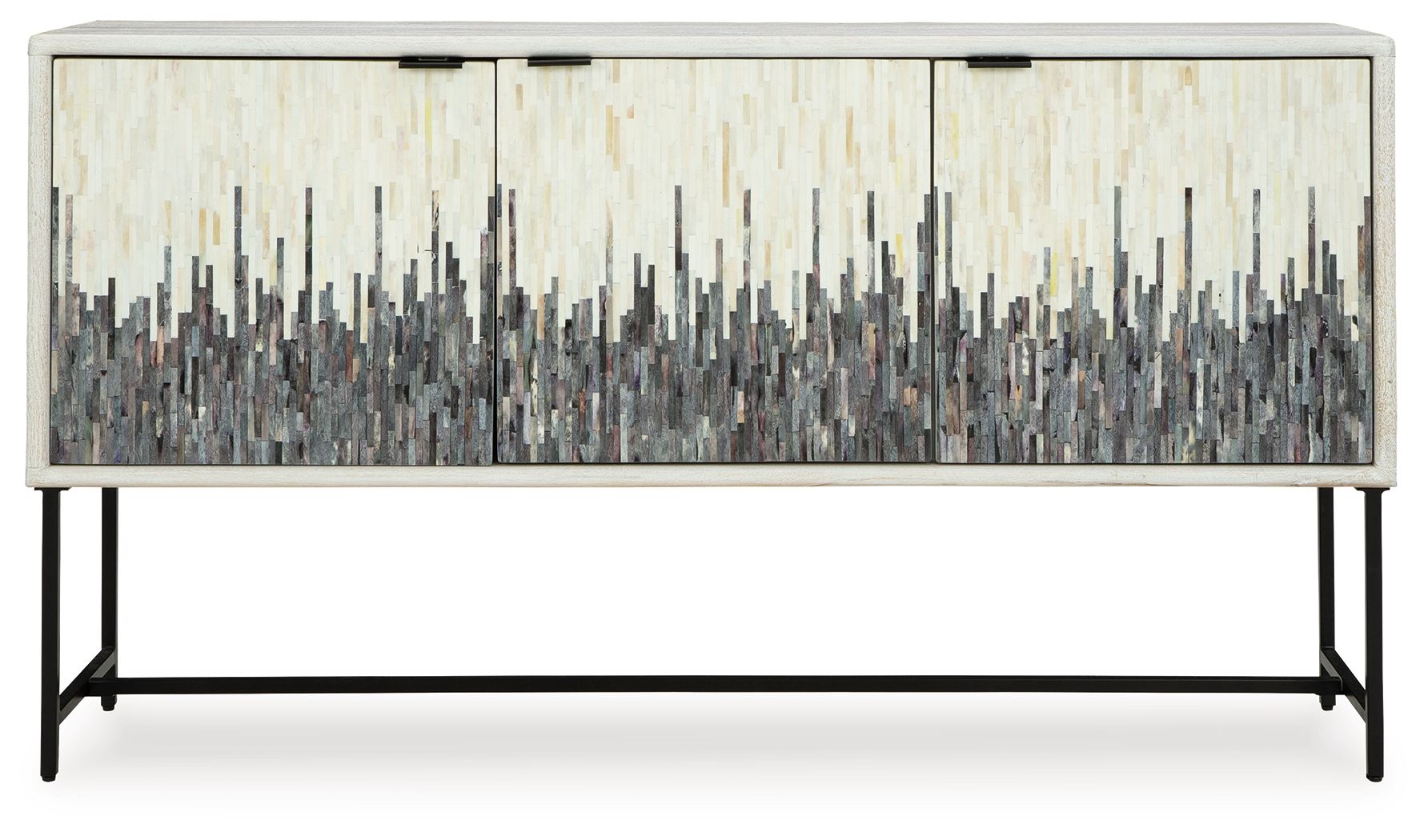 White accent cabinet with three panel doors and gray vertical line stripe design