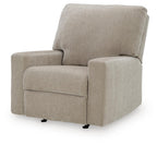 Light gray fabric rocker recliner chair with padded backrest and rounded front arms.