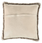 White faux fur square pillow with fluffy trim along the border.