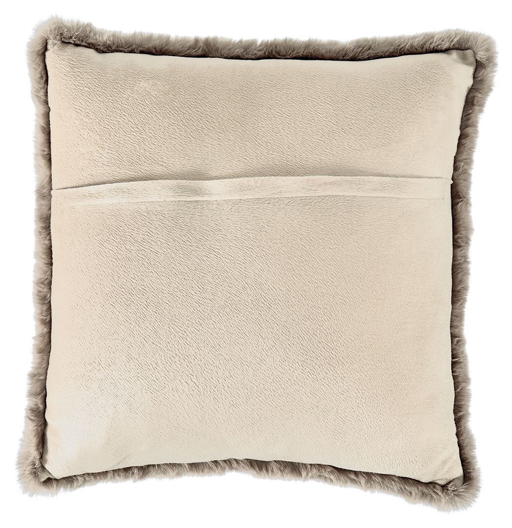 White faux fur square pillow with fluffy trim along the border.