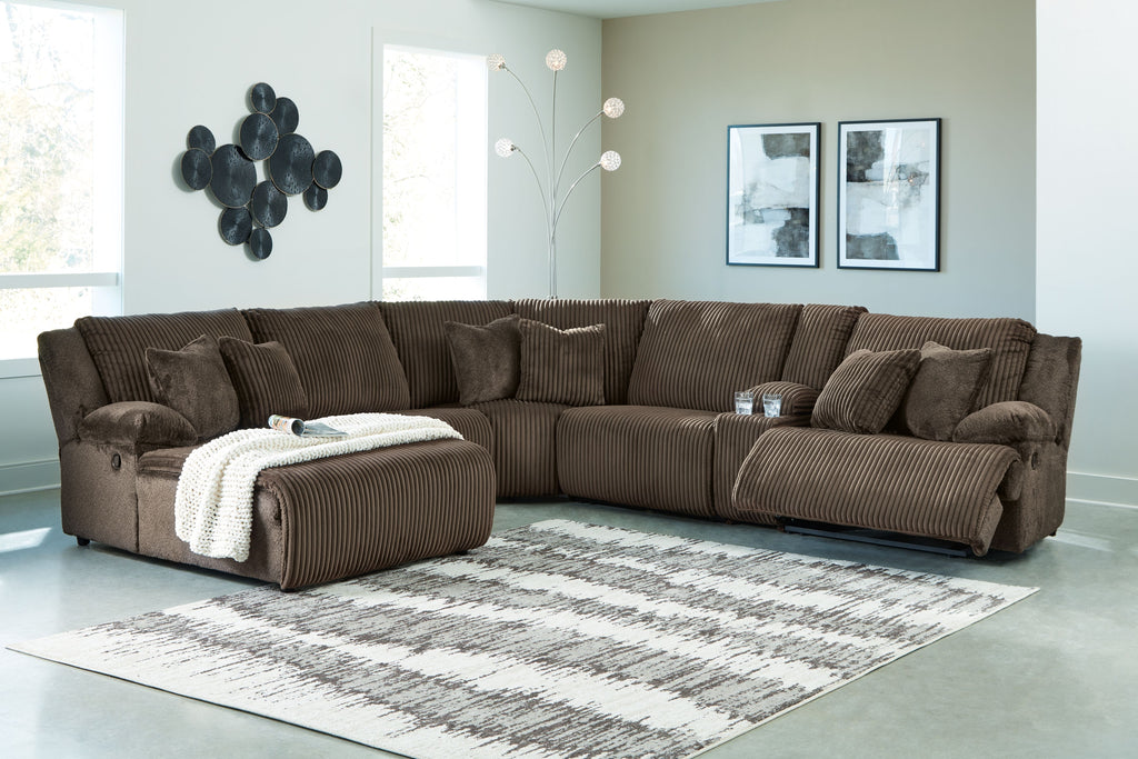 Dark brown reclining sectional sofa with chaise and textured striped fabric