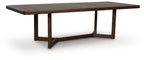 Dark brown rectangular extension dining table, angled view of legs and apron.