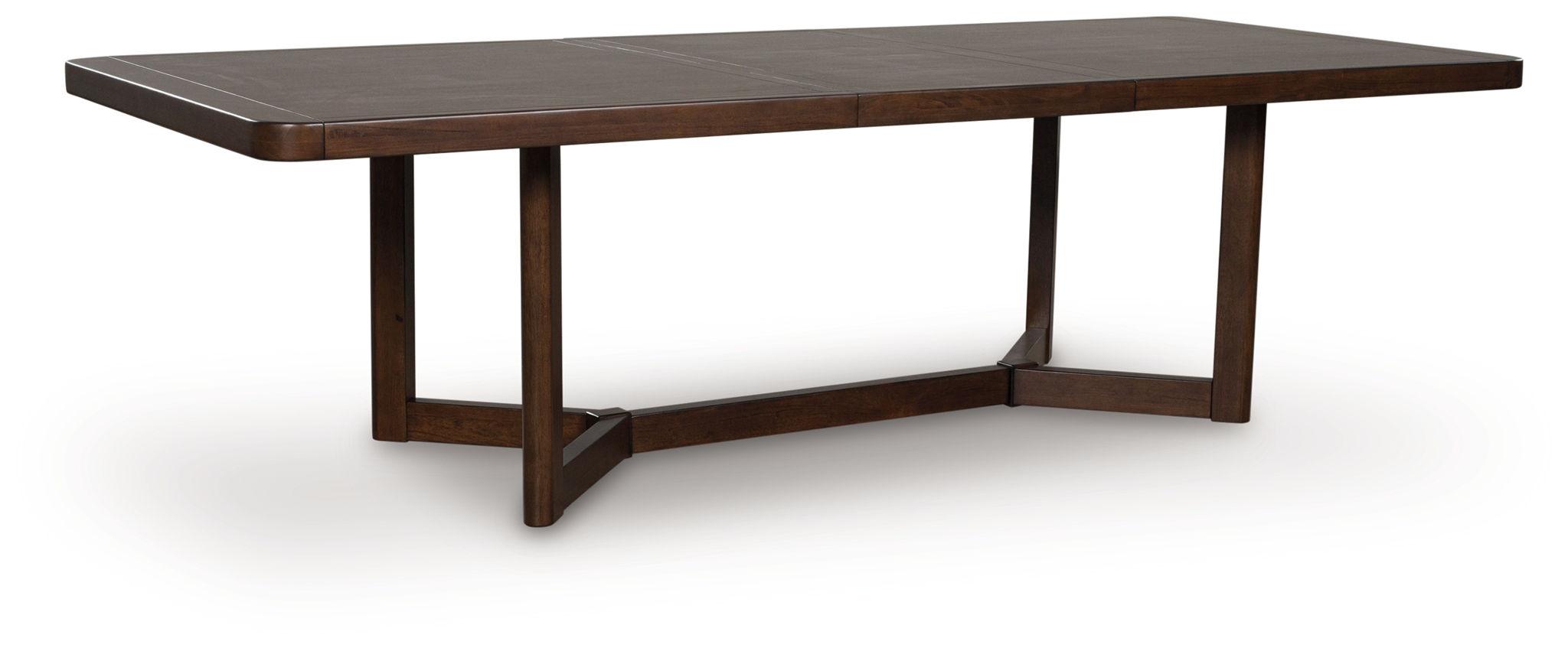 Dark brown rectangular extension dining table, angled view of legs and apron.