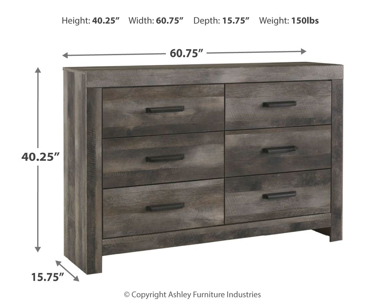Gray dresser with six drawers and bar pulls, front with size diagram