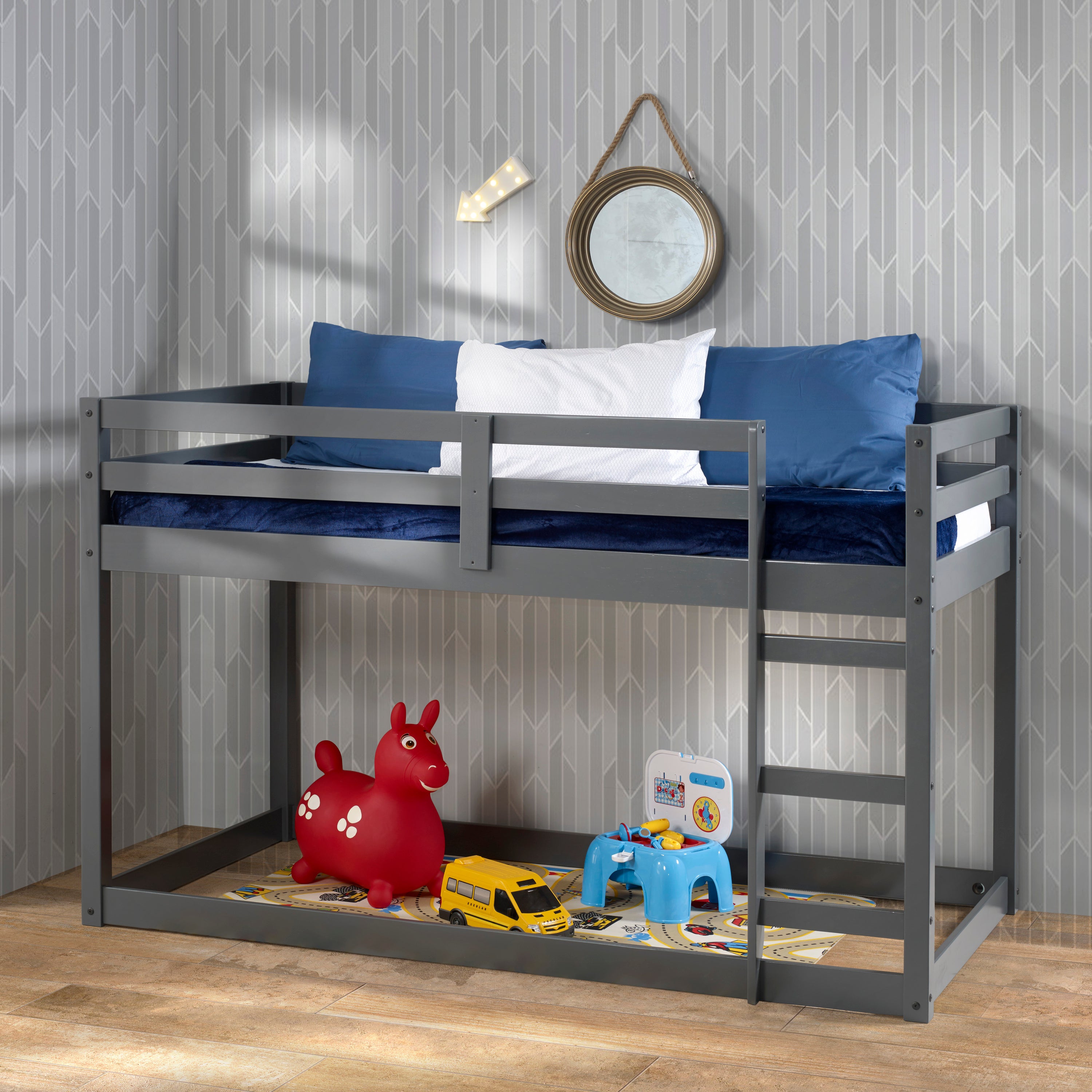 Modern Grey Twin Loft Bed with Ladder for Kids - Space Saving Design
