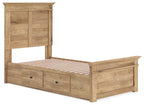 Light brown panel storage bed with tall headboard, slatted base, and two front drawers