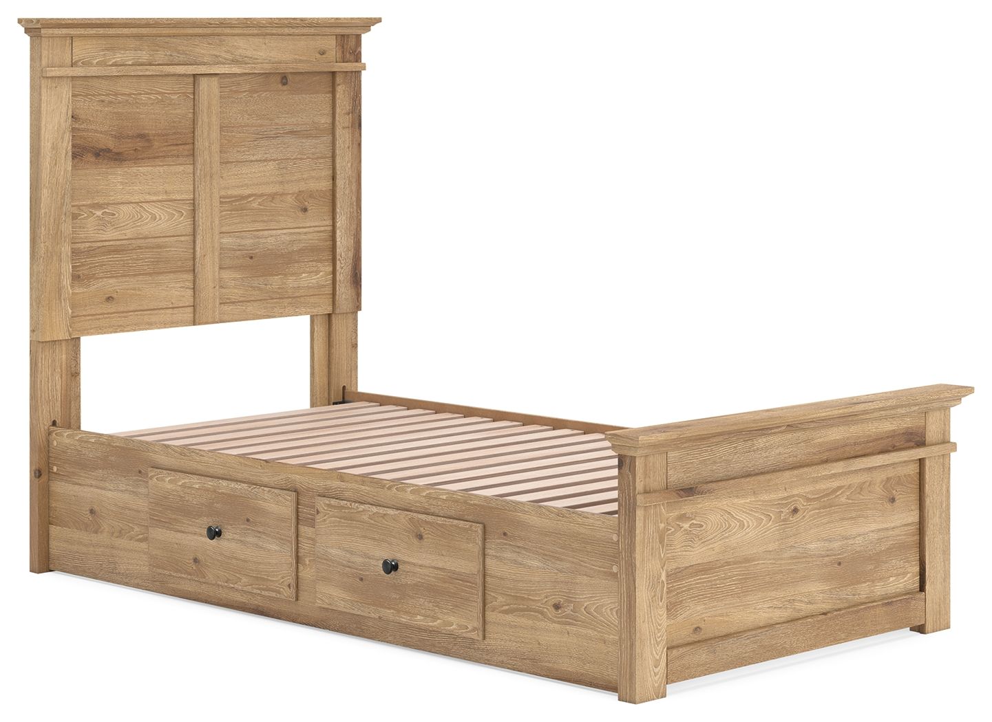 Light brown panel storage bed with tall headboard, slatted base, and two front drawers