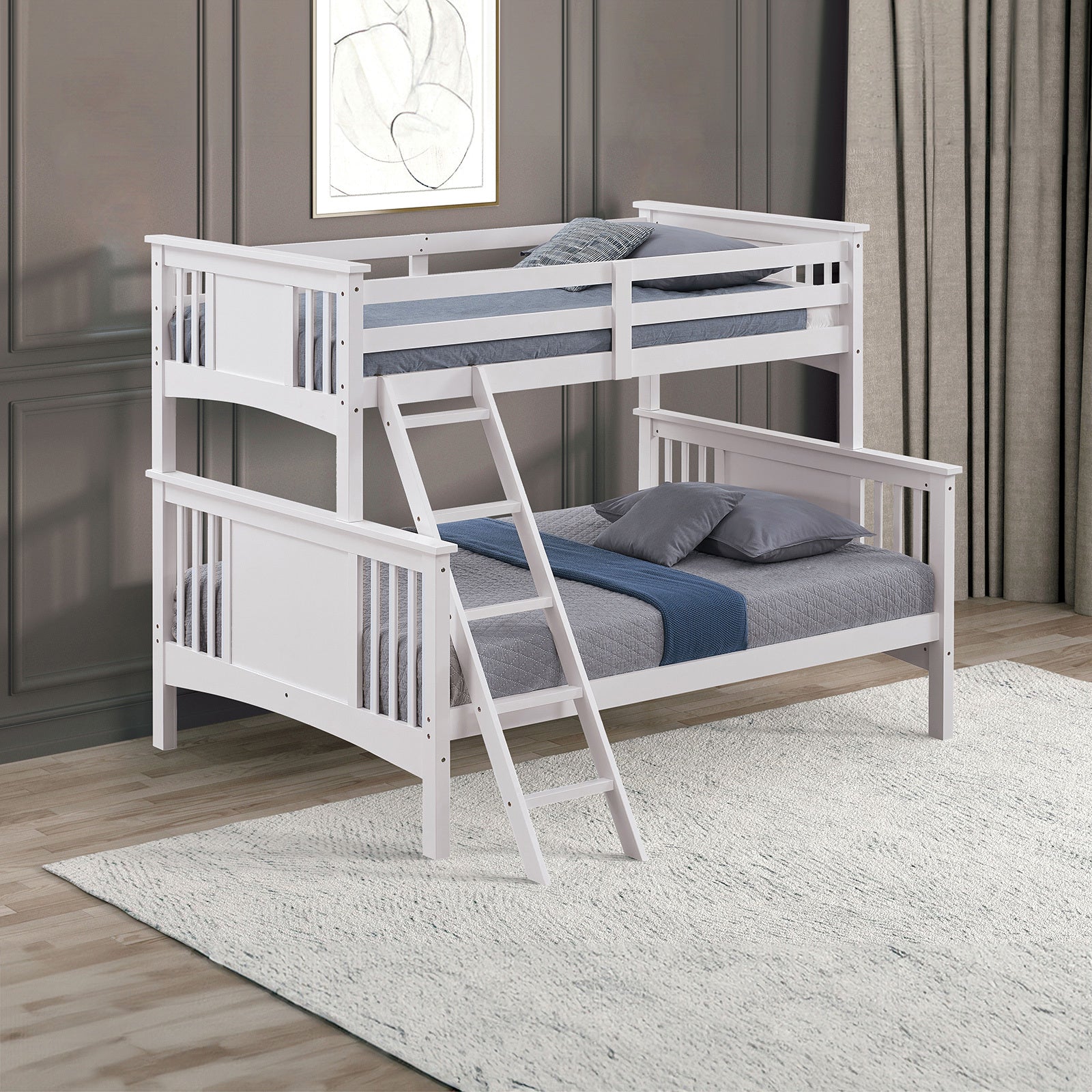 Modern Transitional White Twin Over Full Bunk Bed w/ Ladder
