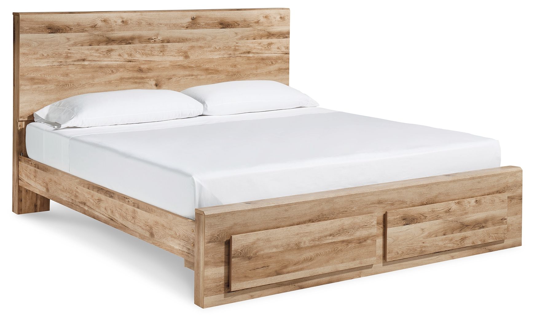 Beige storage bed with side rail details and white upholstered mattress