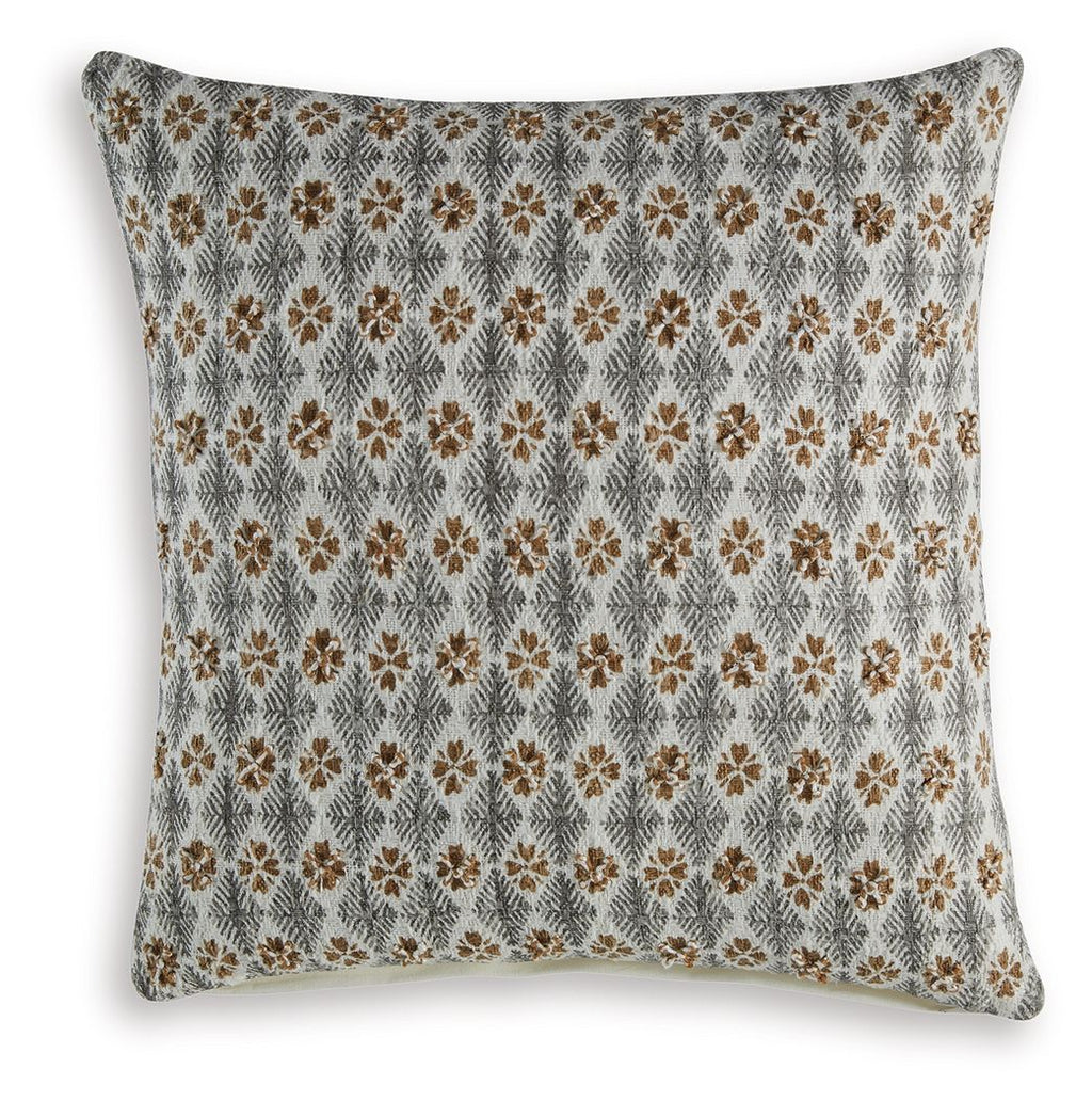 Dark gray throw pillow with gold and cream geometric floral pattern