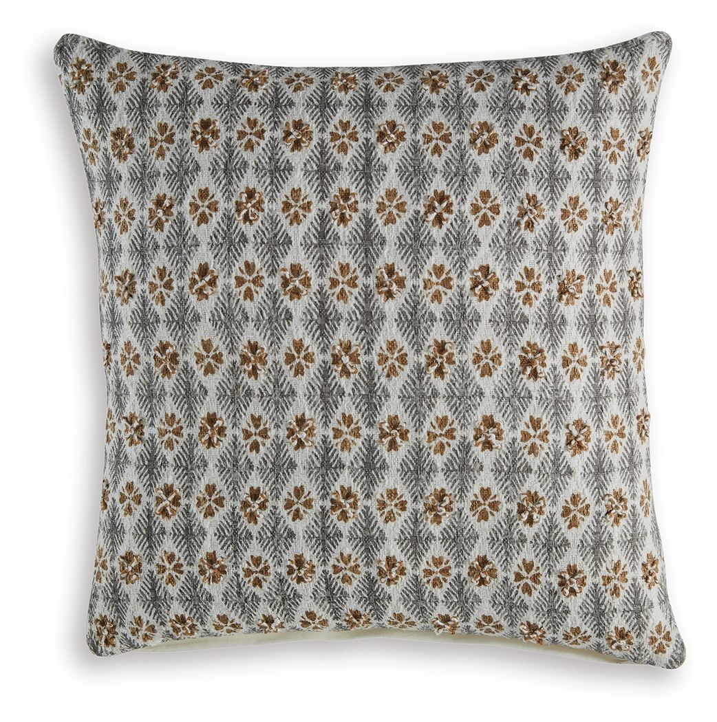 Dark gray throw pillow with gold and cream geometric floral pattern