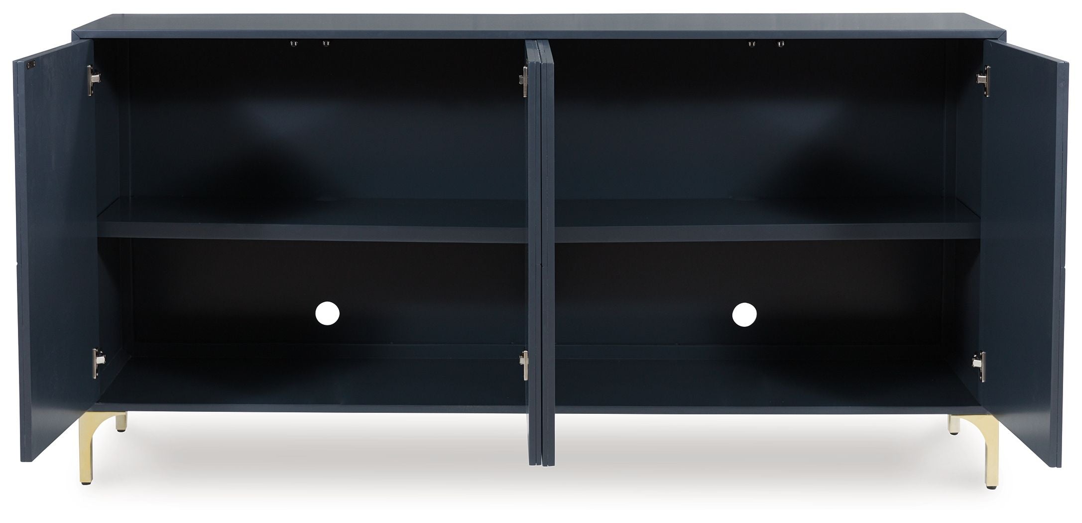 Dark blue accent cabinet with two open shelves, center divider, and gold-tone legs