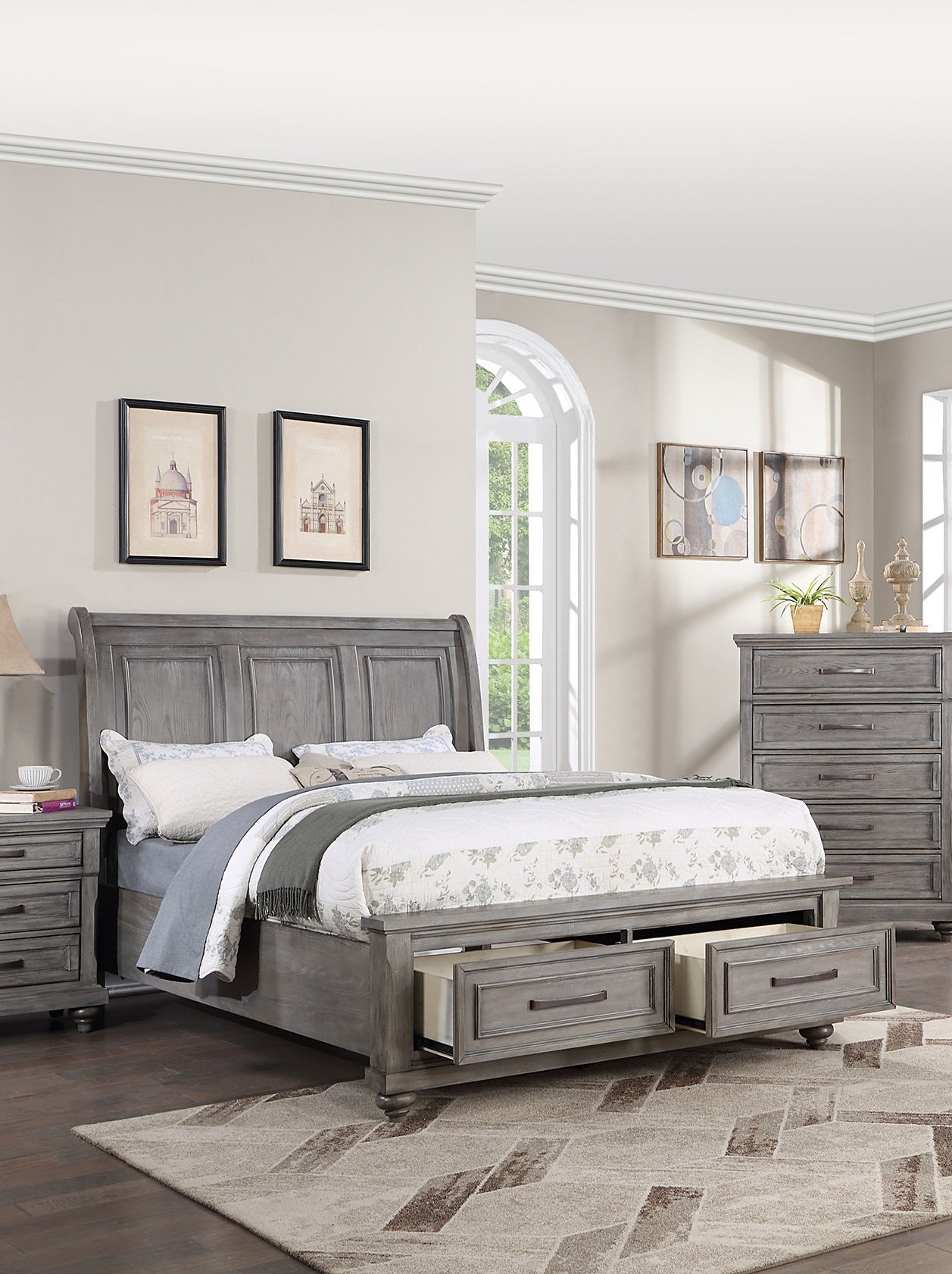 California King Bedframe with Storage Drawers - Vintage Gray Panel