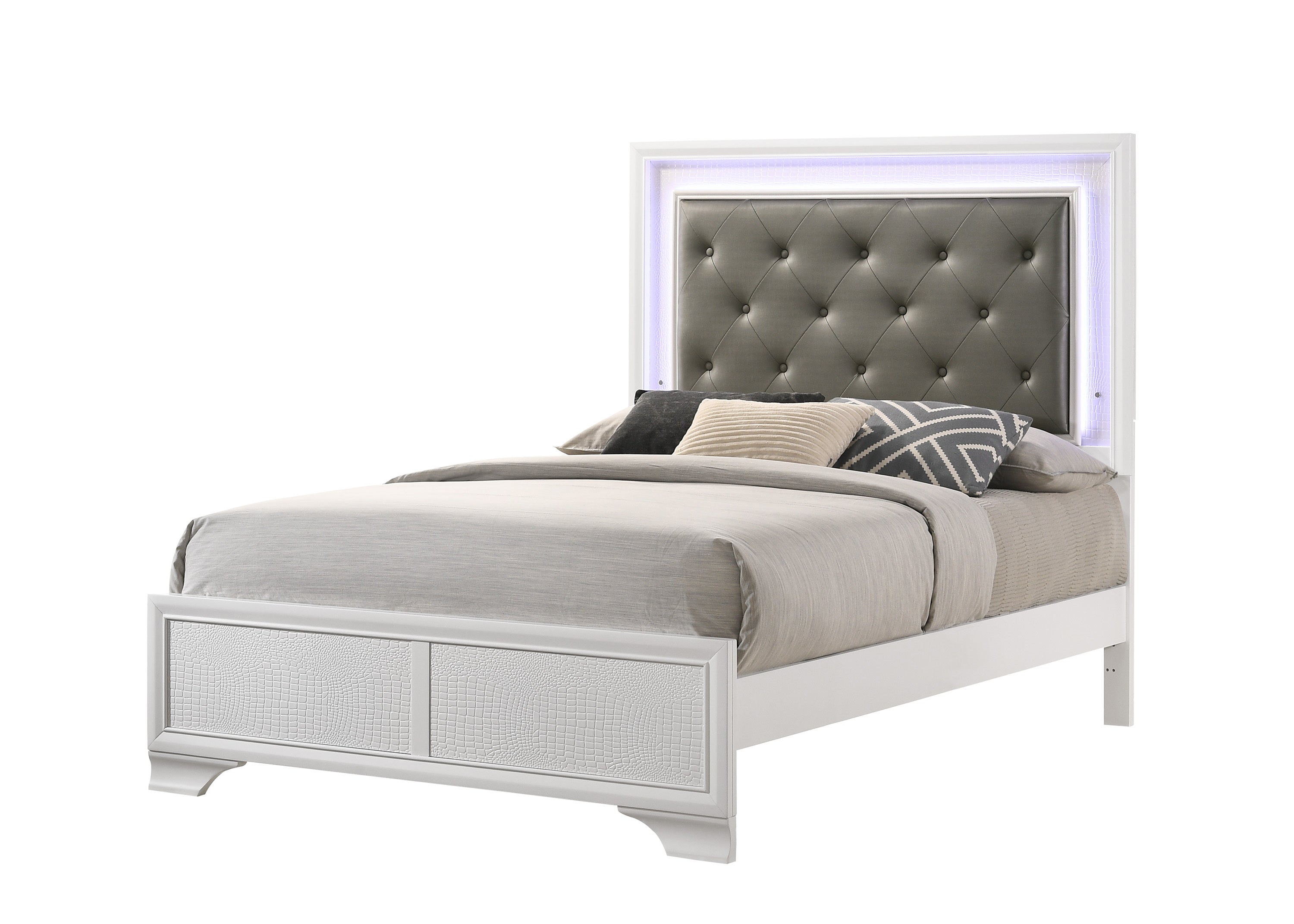 Modern White Crocodile Full LED Bed Faux Diamond Tufted