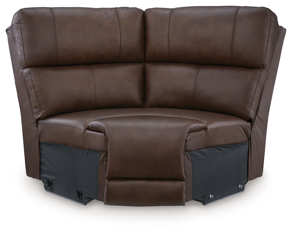 Espresso brown leather wedge sofa with padded backrest and armrests