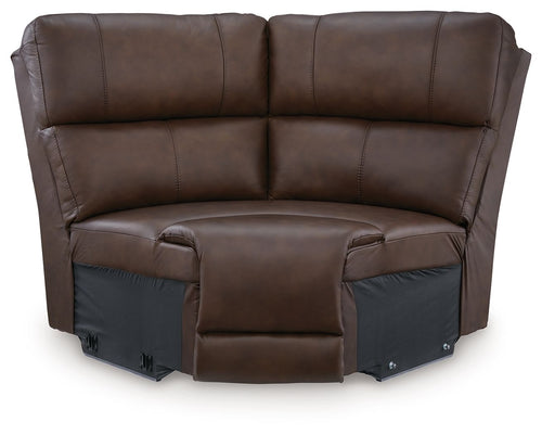 Espresso brown leather wedge sofa with padded backrest and armrests