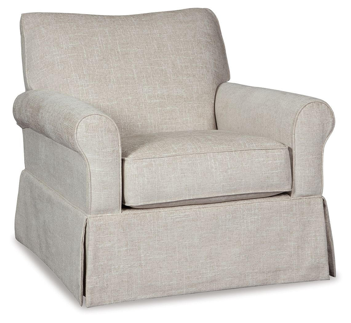Light beige upholstered swivel glider accent chair with wide arms and cushioned seat.