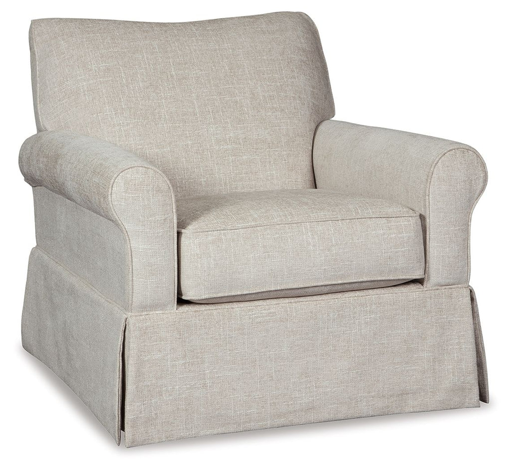 Light beige upholstered swivel glider accent chair with wide arms and cushioned seat.