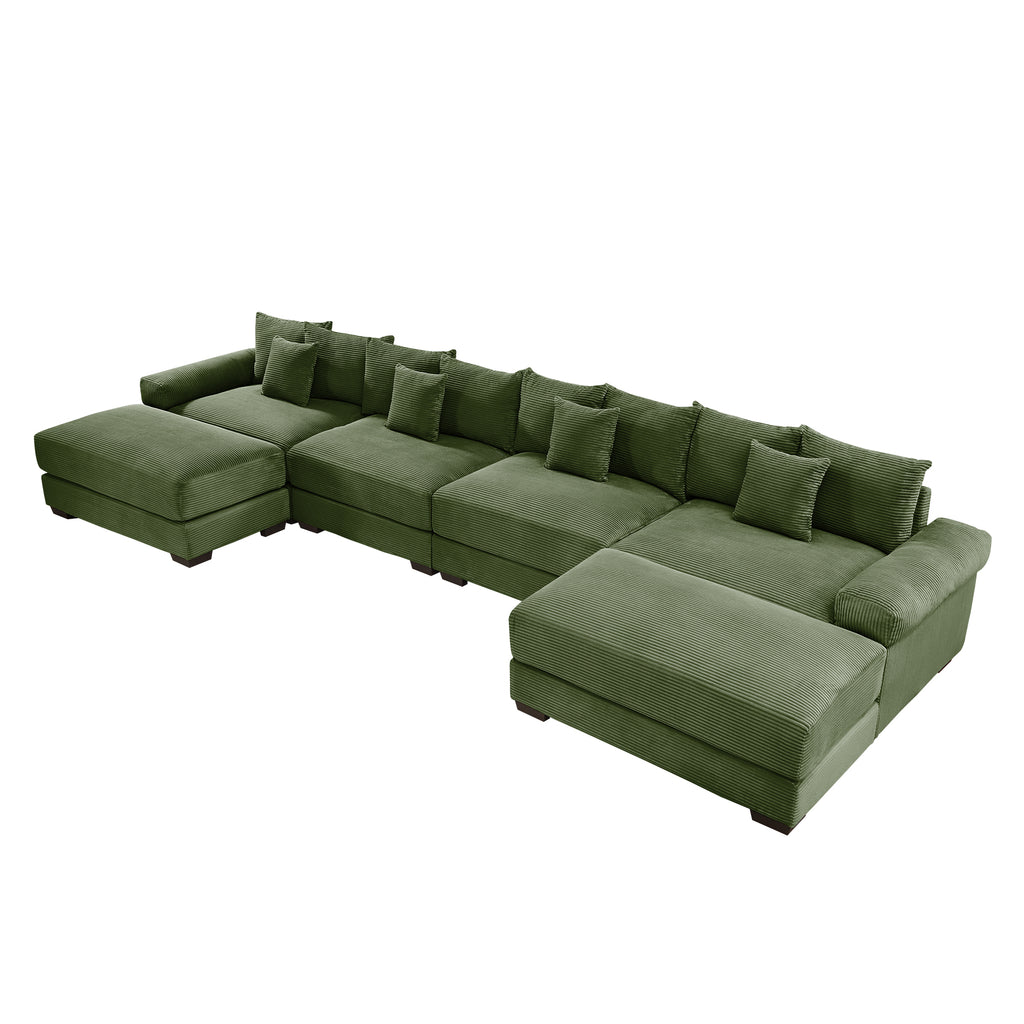 Green corduroy sectional sofa with L-shape corner and extended ottoman chaise