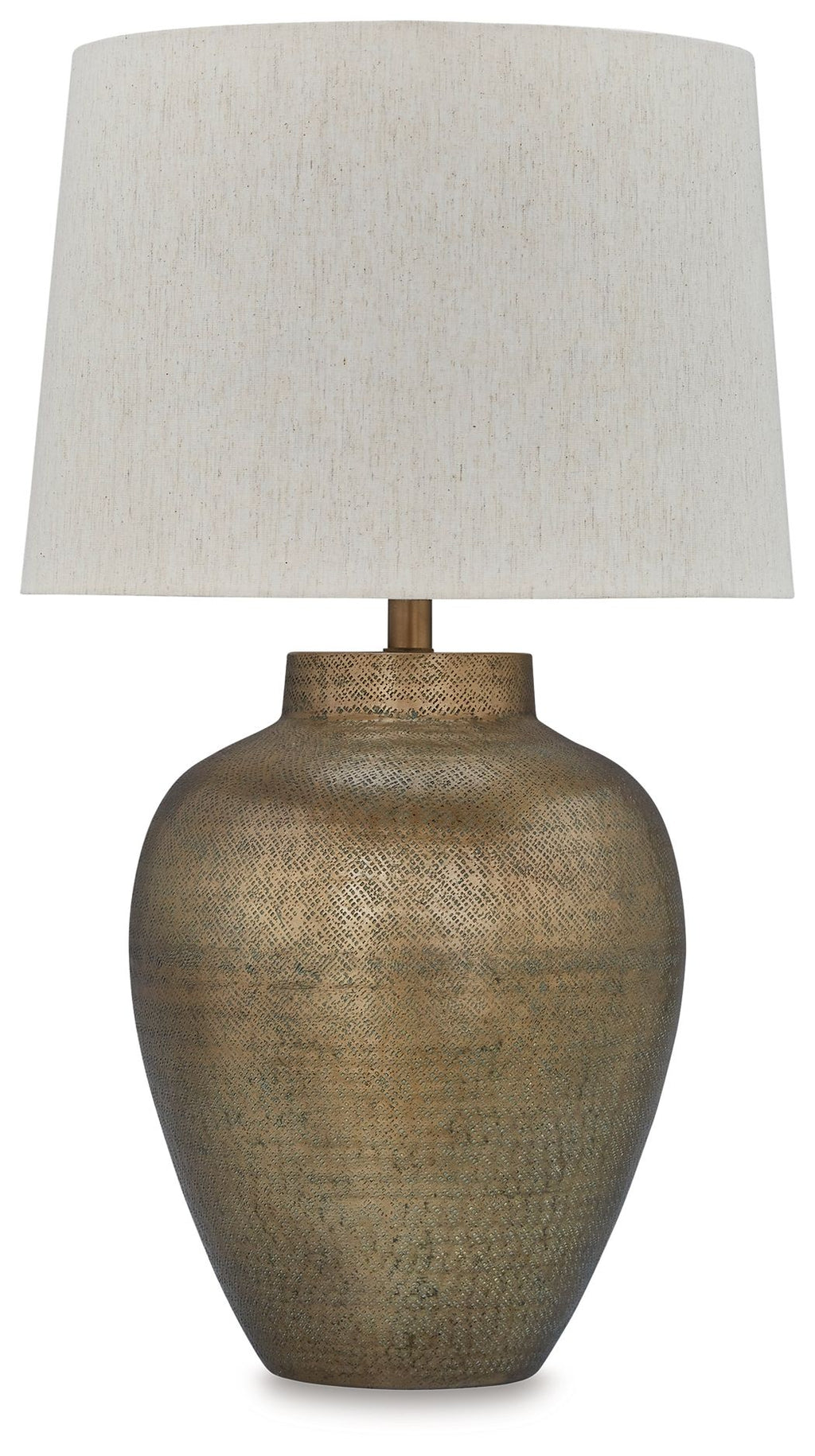 Antique gold metal table lamp with beige fabric shade