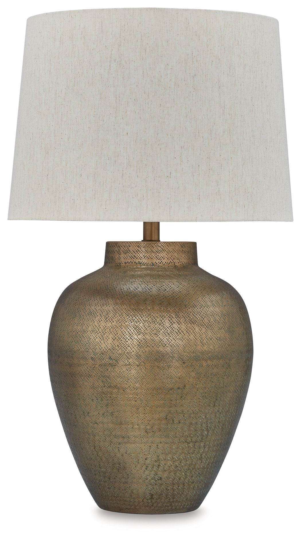 Antique gold metal table lamp with beige fabric shade