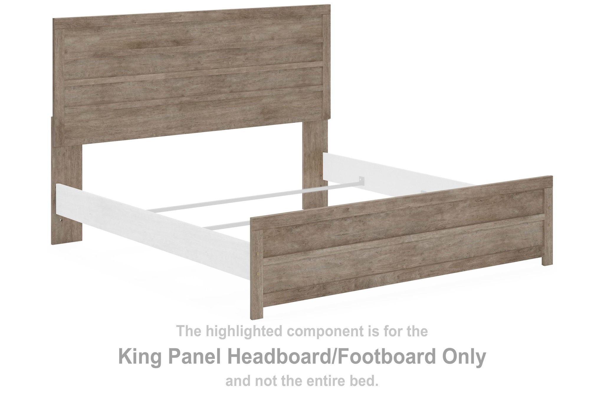 Gray wood panel king headboard and footboard set with bed rails