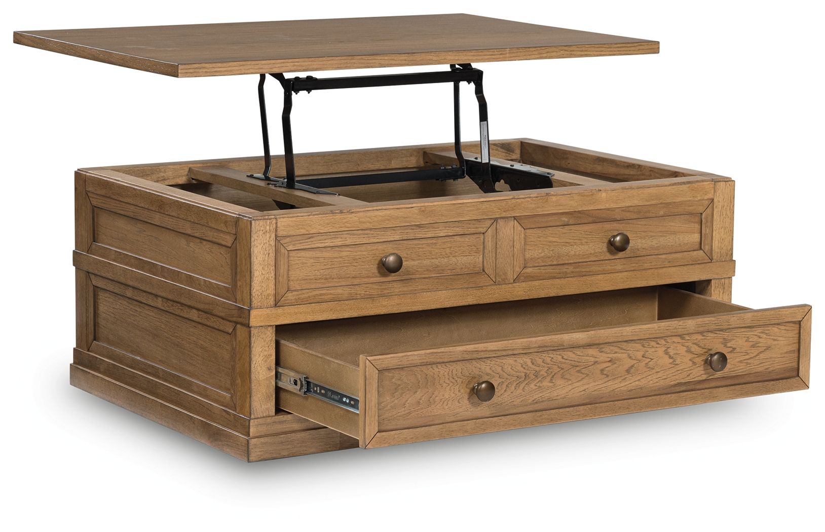 Light brown lift-top cocktail table with open top showing storage compartment and drawers