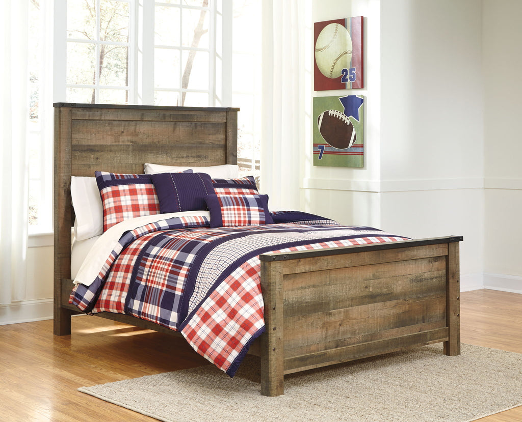 Dark brown panel bed with paneled headboard and plaid bedding, three-quarter view