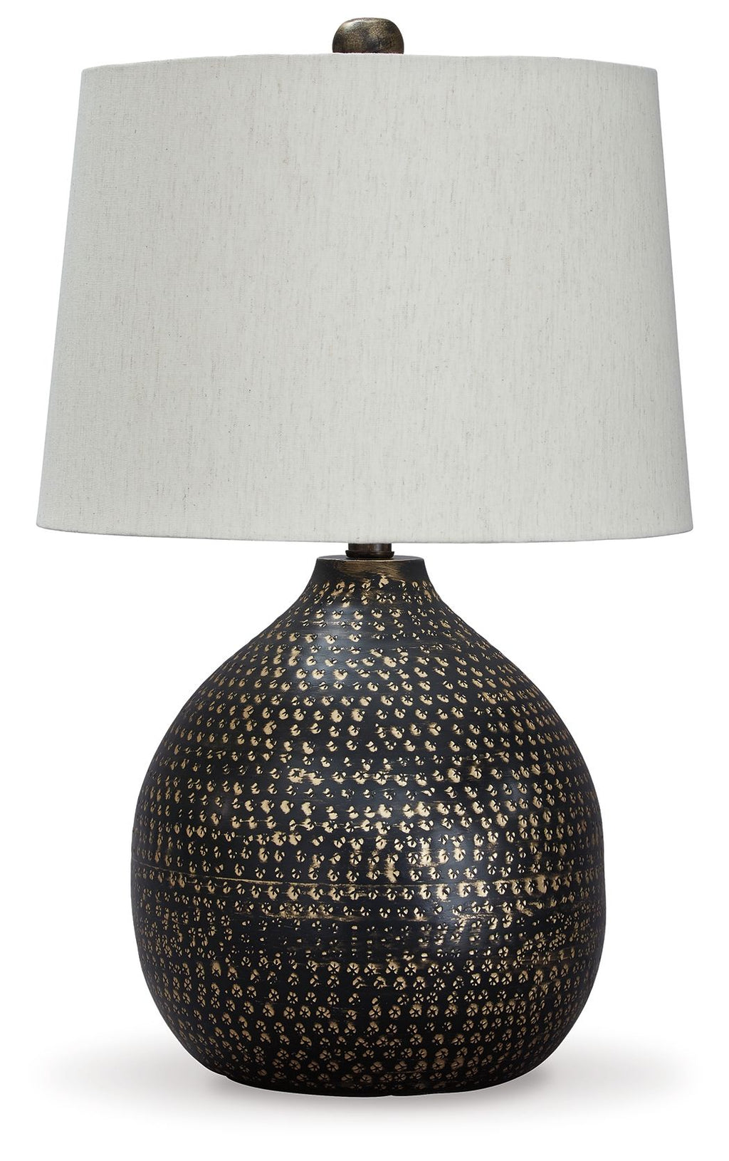 Metal table lamp with white fabric shade and black/gold jeweled metal base