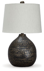 Metal table lamp with white fabric shade and black/gold jeweled metal base