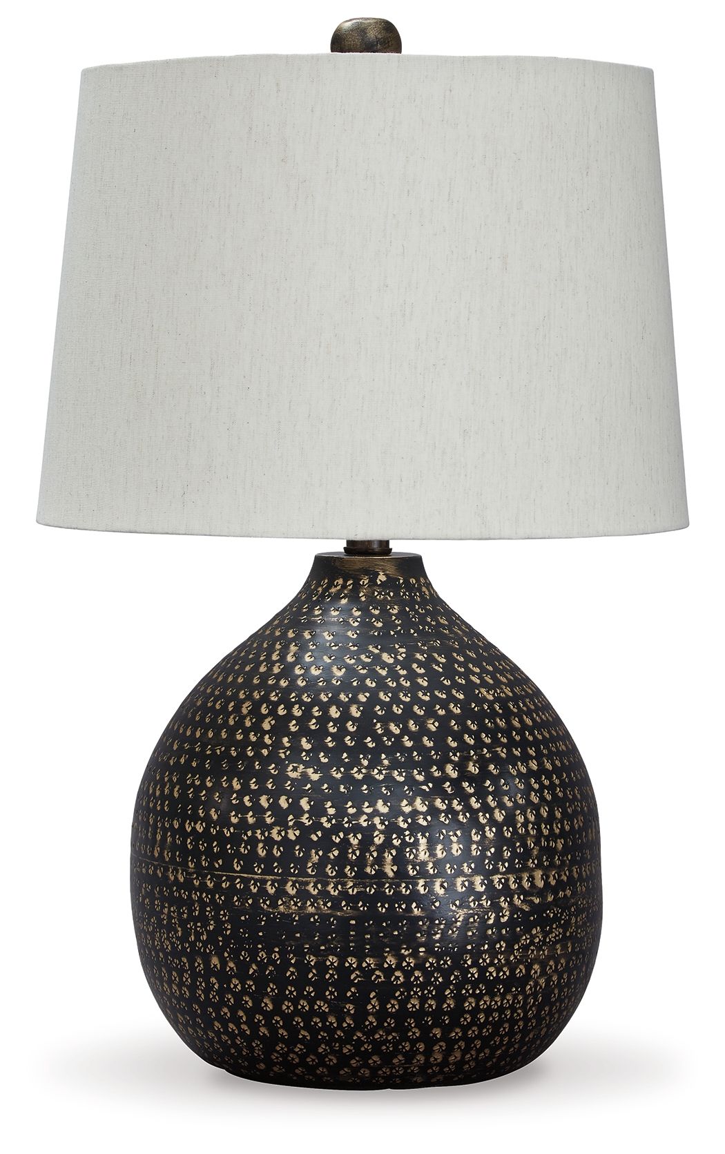 Metal table lamp with white fabric shade and black/gold jeweled metal base