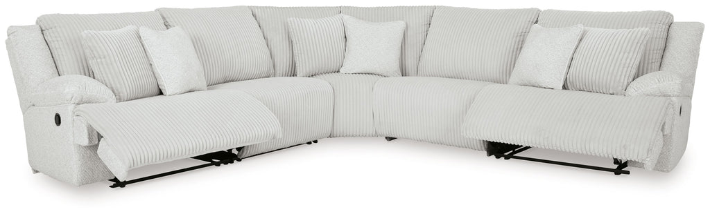 Light gray reclining sectional sofa with chaise and striped upholstery