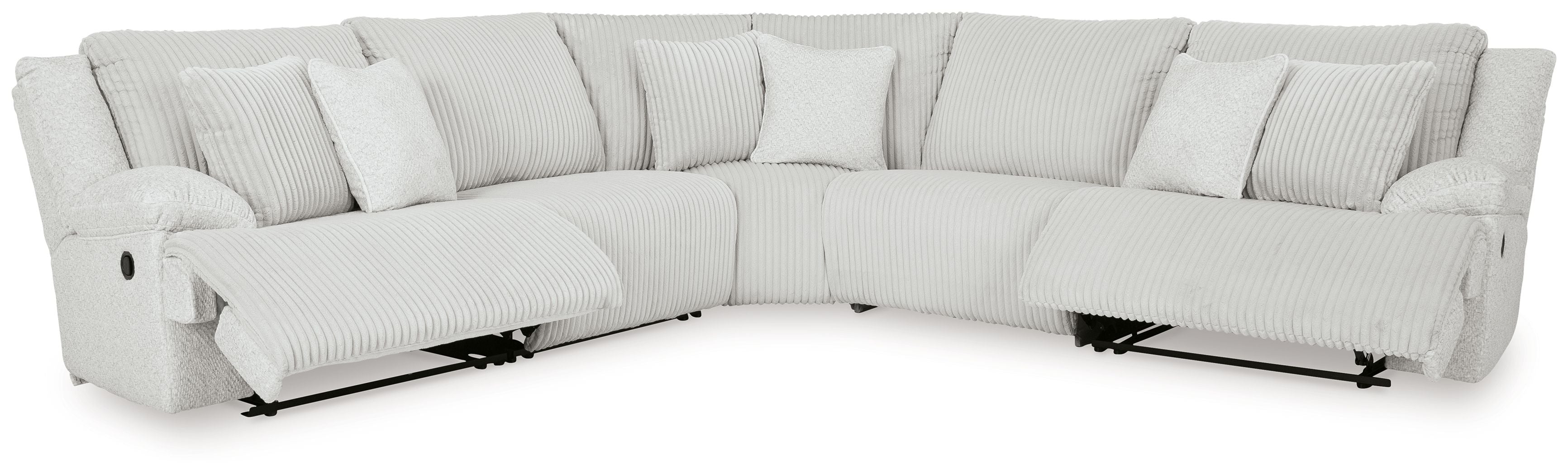 Light gray reclining sectional sofa with chaise and striped upholstery