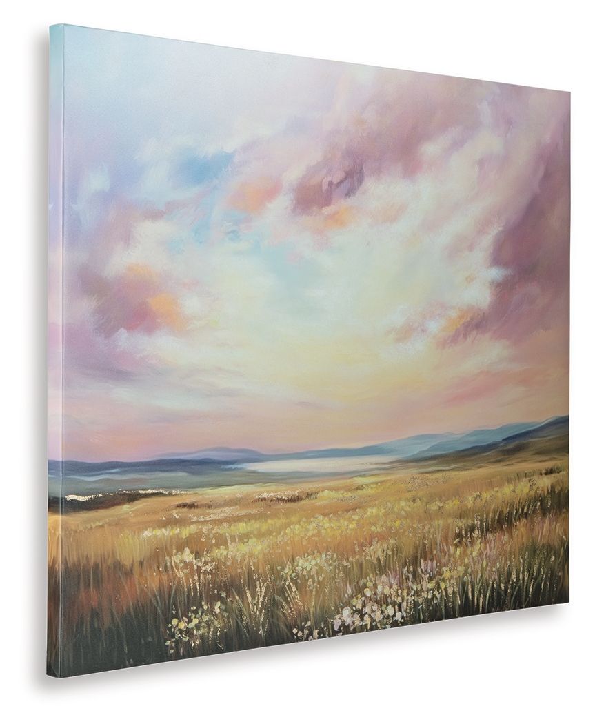 Landscape wall art in soft pastel colors with golden meadow and purple hills
