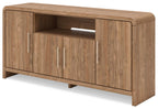Brown wood TV console with open center shelf and three cabinet doors