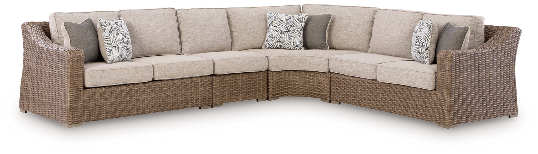 Beige outdoor L-shaped sectional sofa with armrests and four throw pillows