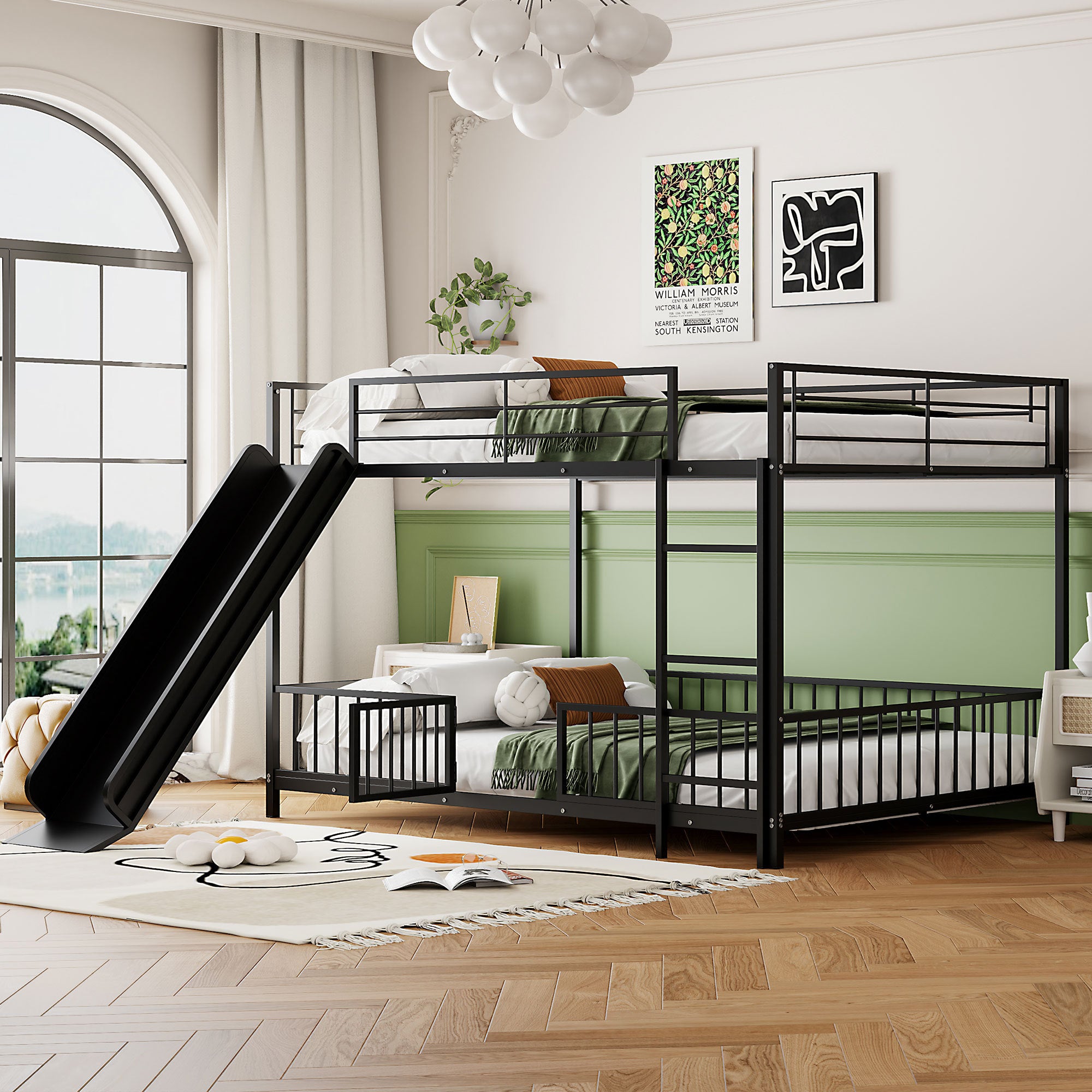 Full Over Full Metal Bunk Bed w/ Slide & Guardrails, Black