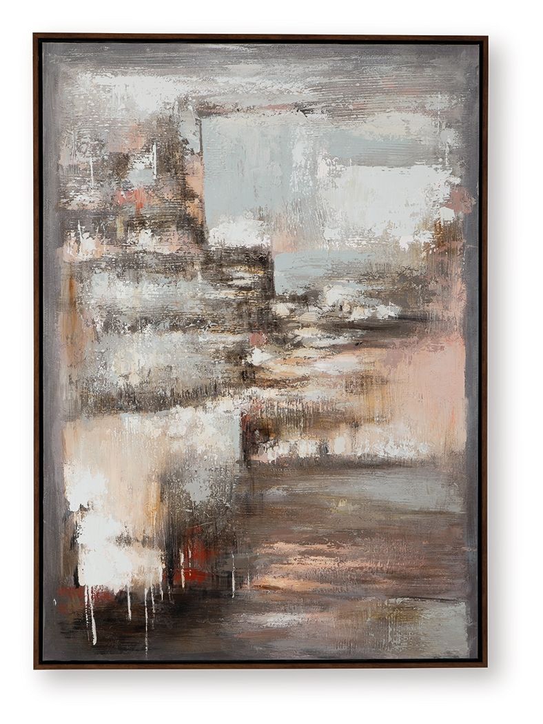 Abstract wall art painting in dark wood frame with beige, gray, and muted copper strokes